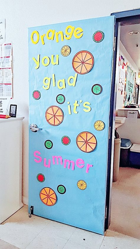 Orange Theme Classroom Decoration, Summer Themed Classroom Door Decorations, June Classroom Themes, Summer Hallway Decorations, Sunshine Door Classroom, May Classroom Door Ideas Preschool, Summer School Door Decorations, Summer Billboard Ideas, Fruit Door Decorations Classroom