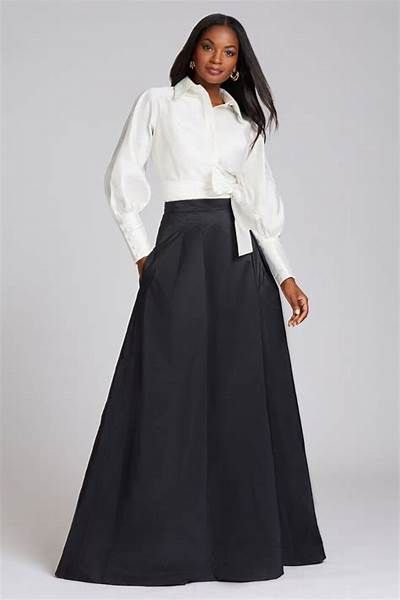 long black taffeta skirt - Yahoo Search Results Floor Length Skirt Outfit, Formal Skirt And Top, Black Taffeta Skirt, Elegant Skirt Outfits, Long Skirt Formal, Pencil Dress Outfit, Off The Shoulder Top Outfit, Taffeta Skirt, Ball Skirt