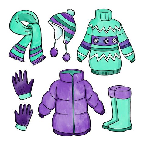 Watercolor winter clothes and essentials... | Free Vector #Freepik #freevector #watercolor #winter #snow #snowflakes Rainy Season Clothes, Winter Season Clothes, Cookie Clothes, Snow Clothes, Party Activities Kids, Wall Art Tutorial, Clay Christmas Decorations, English Learning Books, Watercolor Winter