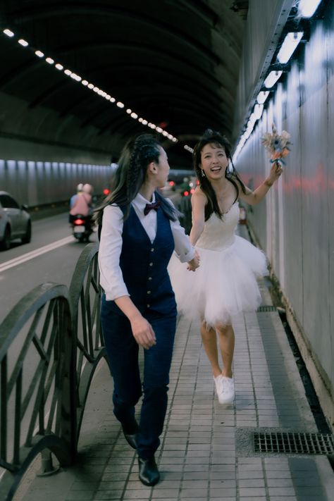 "Let's run away together." Couple Running Together, Reference Perspective, Holland Tunnel, Irl References, Person Running, Couple Running, Running In The Rain, Tiny Wedding, Two Brides