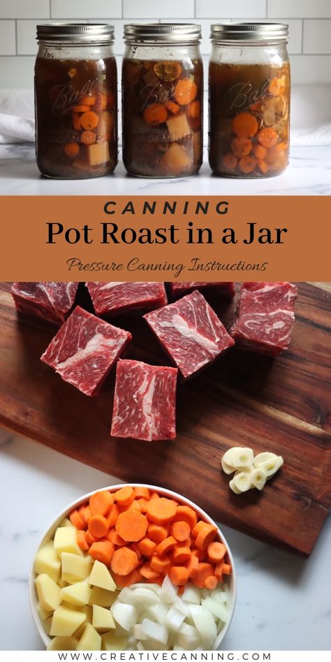 Canning Pot Roast in a Jar Canning Pot Roast In A Jar, Canning Pot Roast, Pressure Canning Recipes Meals Dinners, Pressure Canning Beef Recipes, Pressure Canner Recipes Meals, Canned Meals In A Jar Recipes, Canning Leftovers, Canning Meat In A Jar, Canning Bread In Jars