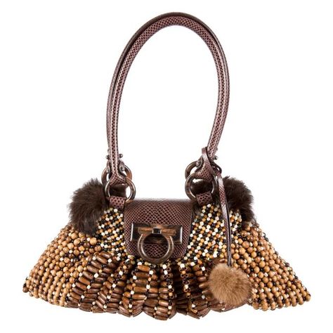 Salvatore Ferragamo With Tags Rare Large Wood Beaded & Mink Fur Hobo Bag - Tradesy Snake Bag, Salvatore Ferragamo Bags, Flower Handbag, Unique Handbags, Snake Skin Bag, Vintage Purses, Designer Shoulder Bags, Beaded Bags, Mink Fur