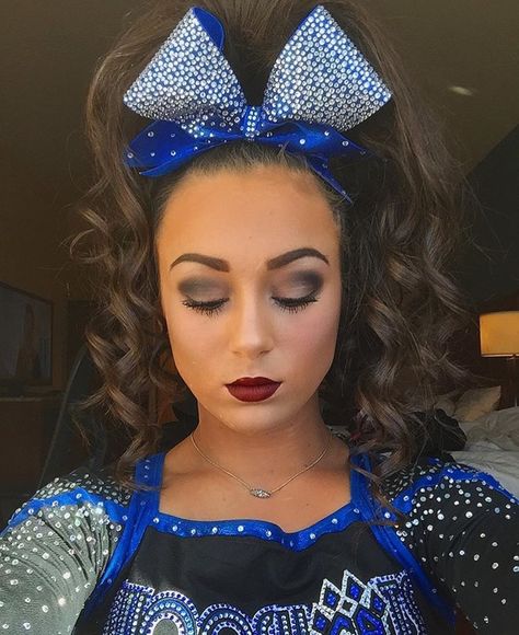 Comp Cheer Makeup, Cheer Competition Hairstyles With Bows, Cheer Competition Hair Ponies, Cheer Comp Makeup Looks, Allstar Cheer Makeup, Competition Cheer Makeup, Cheer High Ponytail With Bow, Competitive Cheer Makeup, All Star Cheer Makeup