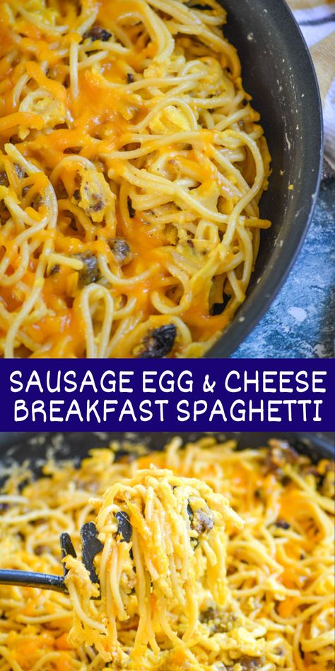 Breakfast is arguably the most important meal of the day, and so few have realized the genius of incorporating pasta laden carbs into the mix. This carbonara inspired breakfast pasta features sausage, melted cheddar cheese, spaghetti noodles, and plenty of scrambled eggs. Breakfast spaghetti is easy to whip up, but filling enough to keep the whole family fueled throughout the day. #spaghetti #breakfast #easy Breakfast Sausage Link Recipes Dinners, Diner Breakfast Ideas, Dinner With Breakfast Sausage, Leftover Breakfast Sausage, Unique Breakfast Recipes, Sausage And Eggs Breakfast, Brinner Ideas, Unique Food Recipes, Unique Breakfast Ideas