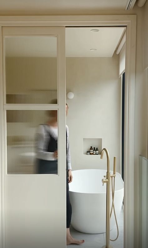 Bathroom With Glass Wall To Outside, Pocket Door Ensuite, Bathroom Door With Glass, Reeded Glass Bathroom Door, Door Ideas For Bathroom, Pocket Door To Bedroom, Small Kitchen With Sliding Glass Door, Ensuite Bathroom Door, Frosted Glass Pocket Door