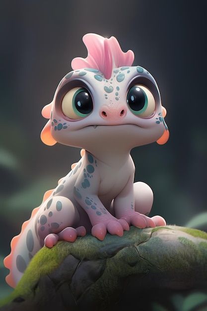 Photo a cute little gecko with a pink he... | Premium Photo #Freepik #photo #dragon-vector #cute-character #furcifer #cute-dinosaur Cute Dragon Character Design, Gecko Character Design, Fantasy Cute Creatures, Dragon Illustration Cute, Dragon Art Cute, Cute Dragon Illustration, Dragons Cute, Baby Dragons Drawing, Simple Cute Hairstyles