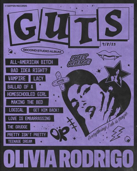 Guts Poster, Olivia Lyrics, Concept Poster, Grunge Posters, Olivia Rodrigo Guts, Dorm Posters, My First Year, Poster Room, Bedroom Ceiling