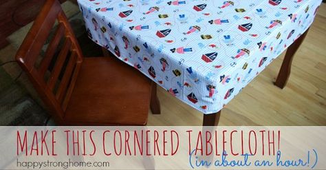 Tutorial: 1-hour fitted tablecloth Julie from Happy Strong Home shows how you can sew a fitted tablecloth for a square or rectangular table – in just 1 hour! The boxed corners fit around the edge of y Diy Tablecloth, Messy Crafts, Fitted Tablecloths, Vinyl Tablecloth, Free Sewing Patterns, Card Table, Sewing Tutorials Free, Plastic Tablecloth, Easy Craft Projects