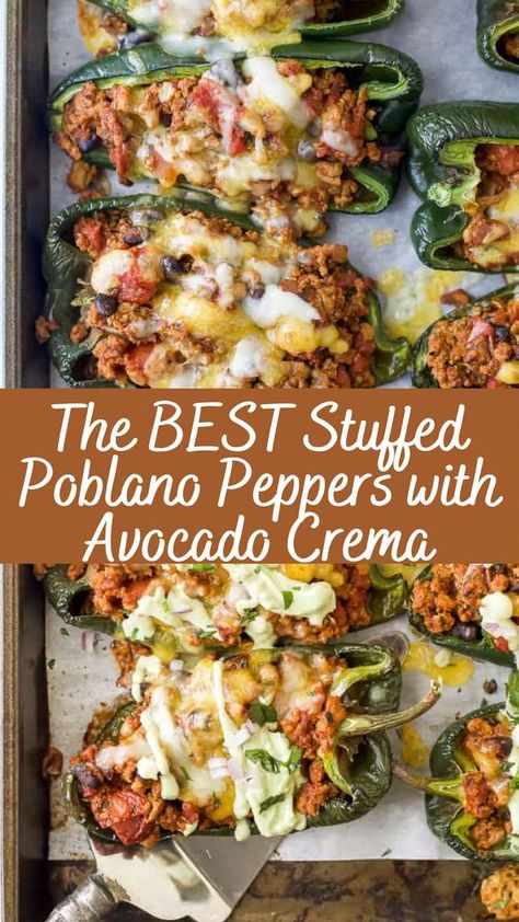 The BEST Stuffed Poblano Peppers with Avocado Crema Recipe | Cheff Recipes Black Bean Stuffed Poblano Peppers, Poblano Pepper Side Dish, Pork Stuffed Poblano Peppers, Stuffed Poblano Peppers Keto, Southwest Stuffed Poblano Peppers, Beef Stuffed Poblano Peppers, Stuffed Pablo Peppers With Chicken, Stuffed Green Chillies Recipes, Sausage Stuffed Poblano Peppers