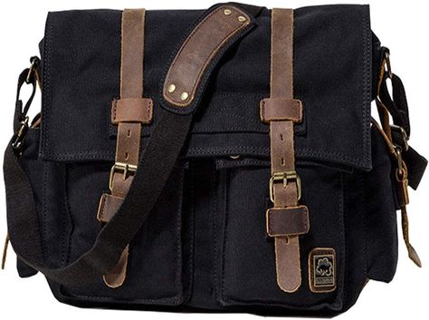 JONON Vintage Military Men Canvas Messenger Bag for 13.3-17" Laptop (Size 17.3", Black), Black, Size 17.3" Military Messenger Bag, Canvas Laptop Bag, Laptop Briefcase, Canvas Messenger Bag, Military Men, Vintage Military, Handbags For Men, Medium Bags, Vintage Bags