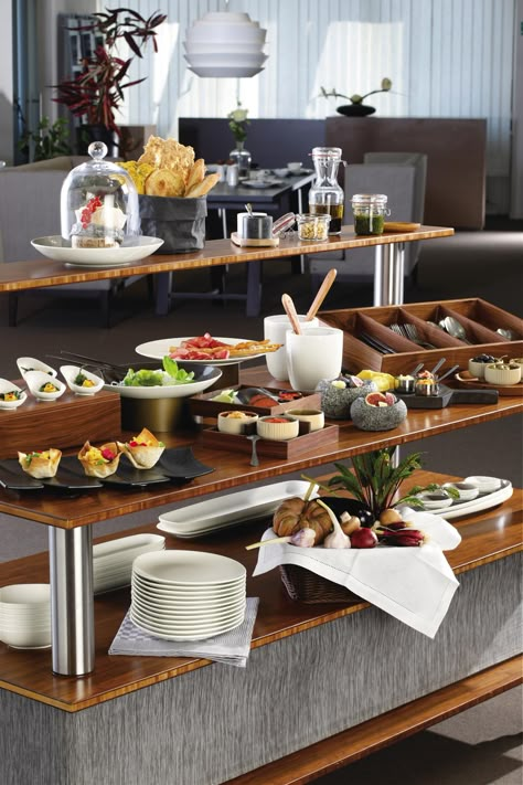 Modern Buffet Tables  Mobile & Linenless Food Stations For Hotels Restaurants & Event Venues Buffet Styling, Modern Buffet Table, Hotel Breakfast Buffet, Restaurant Table Setting, Breakfast Catering, Buffet Stations, Buffet Set Up, Catering Table, Restaurant Counter