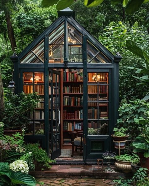 Giant Greenhouse, Greenhouse Library, Green House Aesthetic, Greenhouse Office, Enclosed Gazebo, Cozy Home Library, Garden Library, Victorian Greenhouse, Outdoor Greenhouse