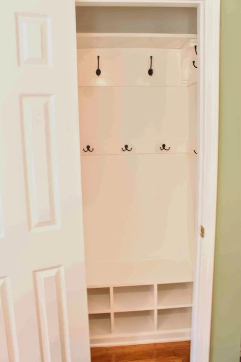 Closet To Mini Mudroom, Mushroom Closet Ideas, Coat Closet With Hooks, Mud Room Closet Conversion, Mushroom Closet, Small Entry Closet Ideas, Entrance Cloakroom, Mud Closet, Entry Closet Ideas