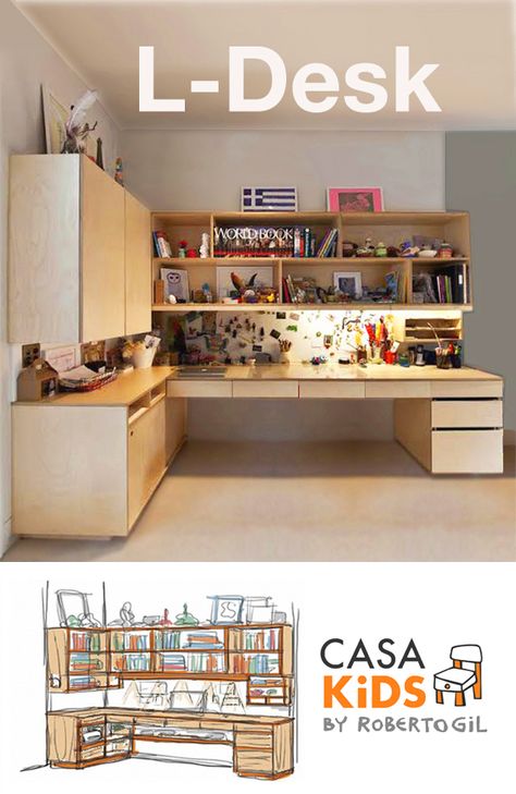 L-shaped desk in birch finish with extensive storage, including drawers, cabinets, and open shelving, showcased with a Casa Kids by Roberto Gil logo. Study Table Ideas L Shaped, L Shape Study Table Design Bedroom, L Shaped Bedroom Ideas, L Shape Study Table Design, Corner Study Table Ideas, L Shaped Office Desk Ideas Layout, L Shaped Desk Ideas, L Shaped Study Table, Long Study Table