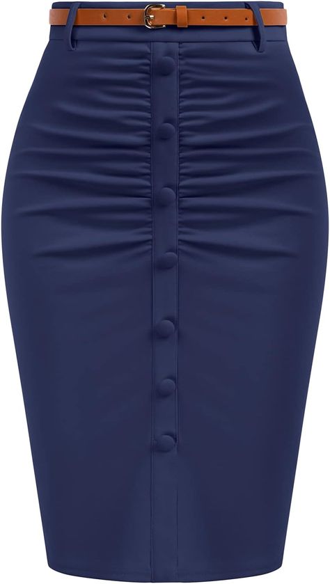 Business Style Navy Blue Belted Button Down Pencil Skirt – Bella Valentina Skirts For Work, Slim Fit Skirts, Pencil Skirt Work, Skirt With Belt, Pencil Skirt Dress, Stylish Skirts, Professional Wardrobe, Business Style, High Waisted Pencil Skirt