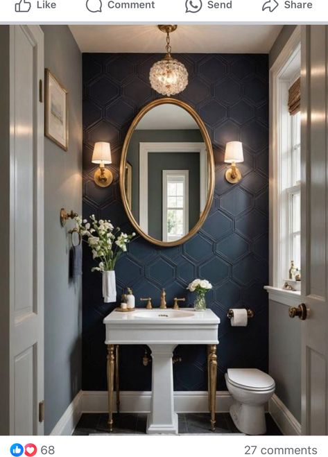 Subway Tile Powder Room Wall, Small Powder Room Remodel Ideas, Tiled Powder Room Wall, Beautiful Guest Bathrooms, Small Luxury Powder Room, Powder Room Tile Wall, Elegant Half Bathroom Ideas, Guest Toilet Ideas, Navy Blue Powder Room