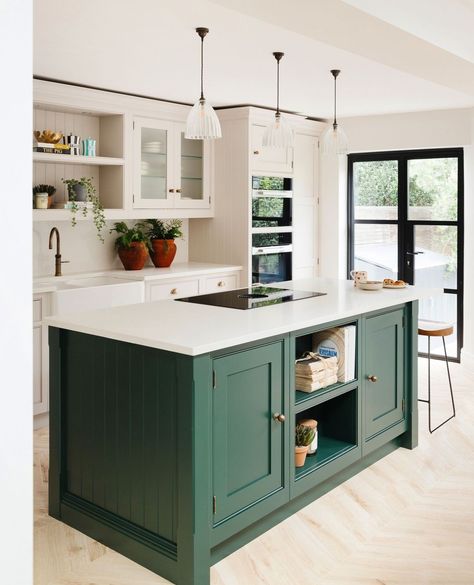 25 Elegant Green Kitchen Island Ideas That Amaze You Deep Green Kitchen Island, Forest Green Kitchen Island, Kitchen Island With Hob And Seating, Kitchen With Colored Island, Corner Kitchen With Island, White Kitchen With Green Island, Green Kitchen With Island, Studio Green Kitchen, Kitchen With Green Island