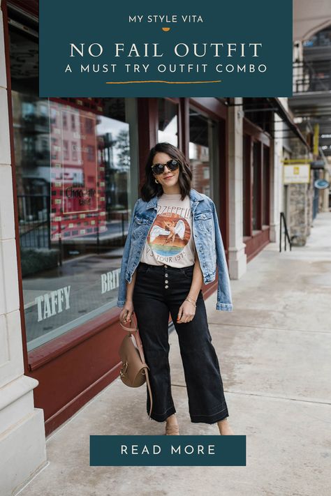 Try this no fail outfit idea from My Style Vita featuring wide leg cropped jeans and a graphic tee. Top with a denim jacket for the perfect cute and casual spring outfit idea. Wide Leg Crop Jeans Outfit, Cropped Pants Outfit, Cropped Jeans Outfit, Spring Outfit Idea, Casual Spring Outfit, Denim Jacket Fashion, Cropped Wide Leg Jeans, Cute Spring Outfits, Wide Leg Cropped Pants