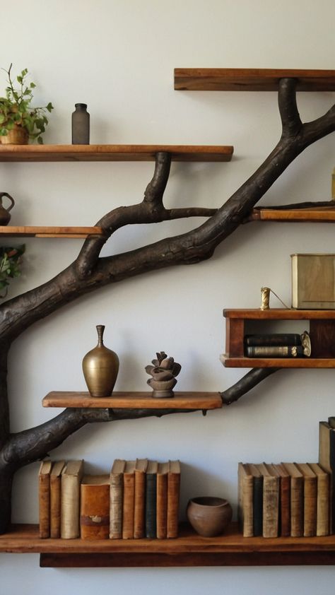 Upgrade your bedroom with DIY tree branch shelves for a grunge-inspired corner Learn how to create floating wall shelves with tree branch brackets in this easy tutorial Add a touch of nature with plant wall shelves Perfect for creating a unique and rustic look in your room Tree In Room Diy, Diy Tree Shelf, Tree Branch Bookshelf, Diy Indoor Tree, Tree Bookshelf Diy, Diy Tree Bookshelf, Diy Tree Branch Decor, Plant Wall Shelves, Tree In Room