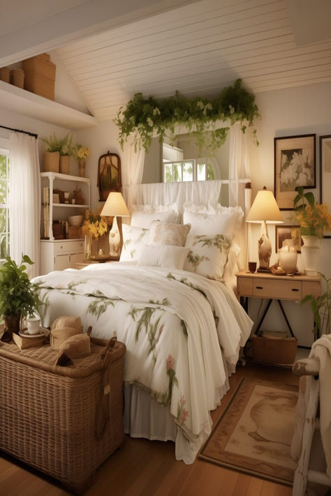 A charming bedroom brimming with cottage appeal, featuring soft textures and floral accents. Cottage House Bedroom Ideas, Cozy White Cottage Bedroom, Cottage Bedrooms Ideas Country, Comfy Cottage Bedroom, Spring Cottage Interior, Cottage Core Small House, Cozy Home Interior Bedroom, Garden Style Bedroom, Cottage Homes Bedroom