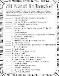 Get to know the teacher I LOVE doing this activity with my students during the first day/week of school. It's like the game of "red light/green light" with a little twist of what kids THINK they know about you. You will list out some true and false facts about yourself. Kids will line up at the back of a room/playground etc. If they think it is true they'll step forward. If they think it's false they stay put. If they get it wrong---they go back to the beginning line! First one to you is the... Get To Know The Teacher, All About My Teacher, About My Teacher, Ks2 Classroom, September Ideas, Get To Know You Activities, First Day Activities, Responsive Classroom, Teacher Activities