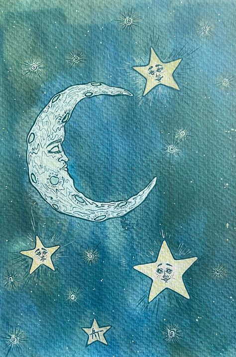 This lovely 6 x 9" mixed media painting depicts a sleeping crescent moon and her star companions. The Moon Artwork, Celestial Acrylic Painting, River Rocks Painting, Painting Ideas On Canvas Stars, Stars Painting Easy, Painting Ideas On Canvas Moon, Mixed Media Painting Ideas, Star Art Aesthetic, Moon Art Aesthetic