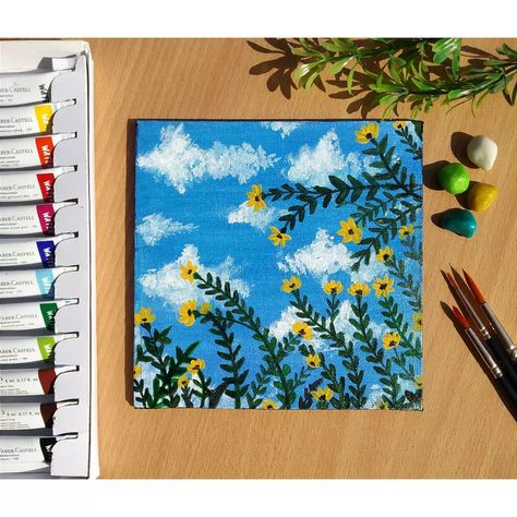 Mini Canvas Art Rectangle, Scenery Painting On Small Canvas, Small Square Paintings, Square Canvas Painting Ideas, Painting On A Small Canvas, Acrylic Sky, Minimal Art Design, Acrylic Art Projects, Sky Art Painting