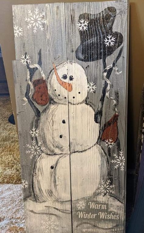 Rustic Snowman Painting, Diy Snowman Painting, Painted Snowman On Wood, Christmas Pallet Ideas, Snowman Painting On Wood, Painting Snowmen, Barn Board Crafts, Snowman Pics, Snow Paintings