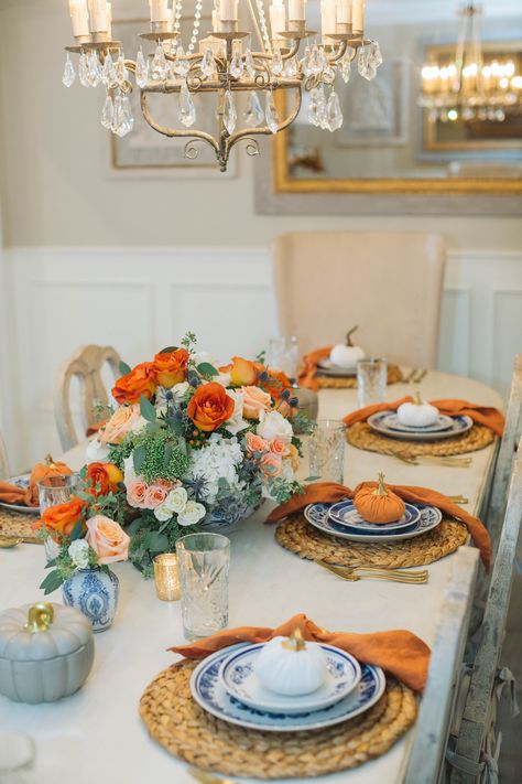 Grandmillenial Thanksgiving Table, Orange And Blue Thanksgiving Table, Grandmillenial Thanksgiving, Blue Willow Thanksgiving Table, Orange And Blue Tablescape, Chinoiserie Thanksgiving Table, Hosting Thanksgiving Dinner Decor, Grand Millennial Fall Decor, Blue Thanksgiving Table Decor