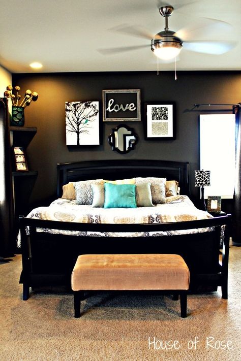 Love the black wall - make it an accent wall? Hardwood floors with rugs for master bedroom Bilik Tidur, Design Del Prodotto, Beautiful Bedrooms, Bed Room, My New Room, Handmade Home, Home Fashion, Guest Bedroom, 인테리어 디자인