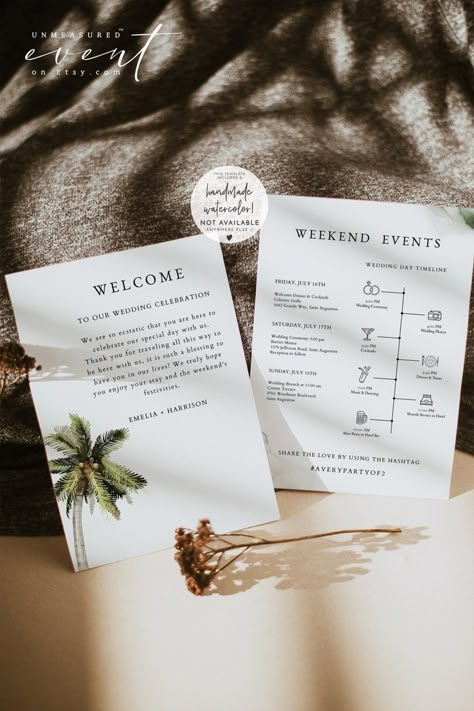 MONA Palm Tree Wedding Welcome Letter Template Beach | Etsy Wedding Welcome Letter, Palm Tree Wedding, Wedding Welcome Letters, Destination Wedding Cost, Wedding Timeline Template, Palm Wedding, Welcome Letter, Order Of Events, Wedding Schedule