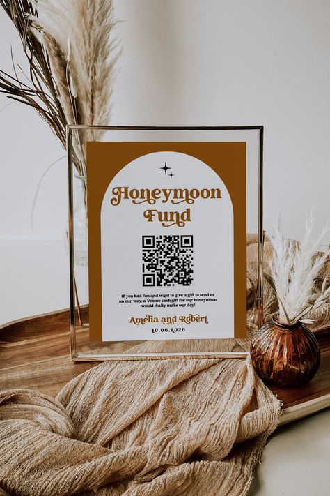 Retro Honeymoon Fund QR Code Retro Wedding Honeymoon Fund - Etsy Vintage Retro Wedding Theme, Non Traditional Wedding Decor, Honeymoon Fund Table, October Wedding Themes, Inexpensive Wedding Decor, 70’s Wedding, Thrifted Wedding Decor, Retro Wedding Aesthetic, 70s Themed Wedding