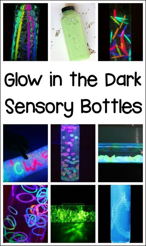 10+ glow in the dark sensory bottles to make with the kids Glow Stick Jars, Calming Bottle, Calm Down Bottle, Glow Jars, Science Concepts, Discovery Bottles, Glow Paint, Sensory Lights, Sensory Crafts