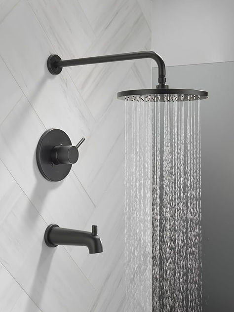 RAIN SHOWER HEAD: Achieve a spa-like experience with an overhead rainfall shower head without the need to run plumbing through the ceiling. The large rain shower head is both superior in design and durability #ad Black Tub Faucet, Round Bathtub, Delta Shower, Black Tub, Tub And Shower, Rainfall Shower Head, Delta Faucets, Rainfall Shower, Rain Shower Head