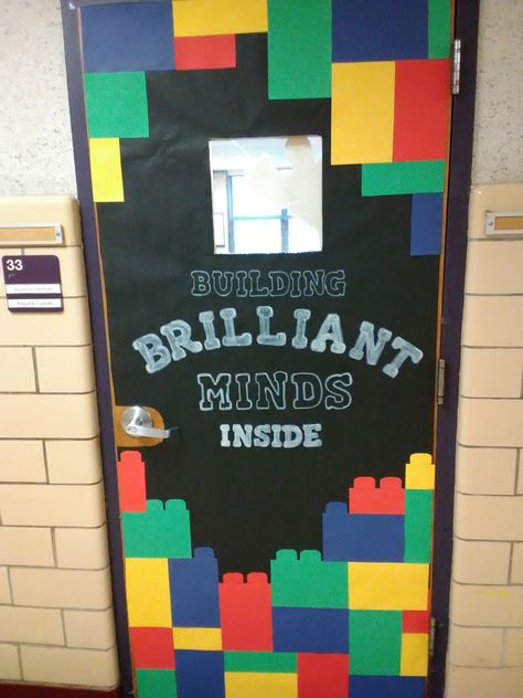 Lego Classroom Door Ideas, Lego Classroom Theme Bulletin Boards, Lego Themed Classroom Ideas, Game Theme Door Decorations, Lego Theme Classroom Decor, Lego Classroom Door, Lego Door Decorations Classroom, Lego Classroom Decorations, Lego School Theme