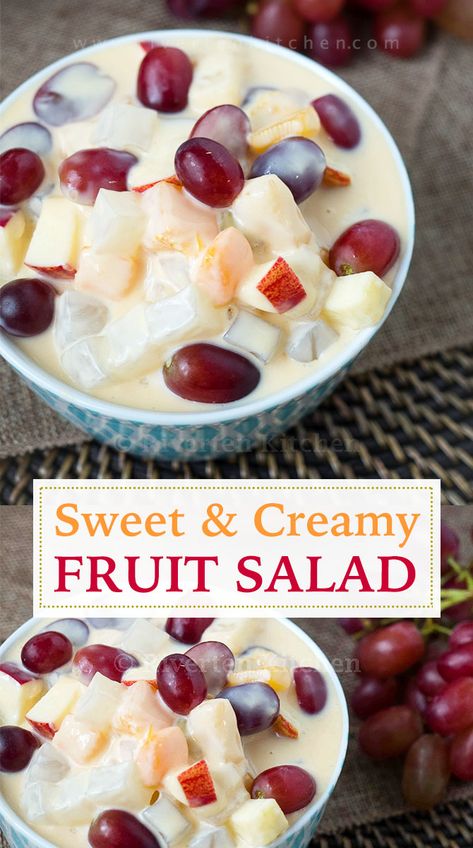 This fruit salad is made of fresh and canned fruits bathed in a deliciously sweet and creamy dressing made of condensed milk and cream. It is an actual dessert treat rather than a salad. #fruitsalad #condensedmilk #sweetsalad #dessertsalad #filipinofood #filipinorecipe #fruits #fruitcocktail #cannedfruits #tablecream #creamysalad #nochebuena #condensedmilkrecipes #apples #grapes How To Make Fruit Salad Recipes, Fruit Cocktail Recipes Salad, Fruit Salad Recipe With Condensed Milk, Fruit Condensed Milk Dessert, Fruit Salad With Bananas, Coconut Cream Fruit Salad, Fruit With Condensed Milk, Filipino Fruit Salad Condensed Milk, Fruit Salad With Sweet Condensed Milk