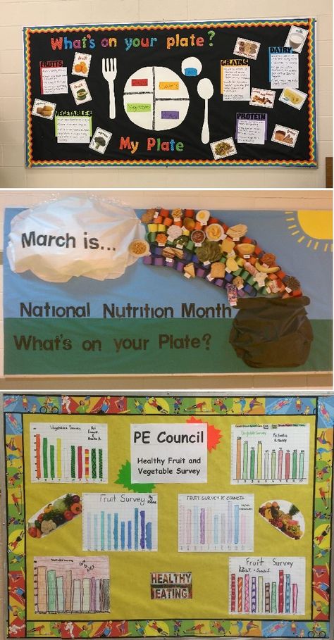 Teach students the importance of eating healthy this month for National Nutrition Month! Here is a great list of bulletin boards and lesson plans from PE Central Nutrition Bulletin Boards, Pe Bulletin Boards, Nurse Bulletin Board, Health Bulletin Boards, National Nutrition Month, School Nutrition, Healthy Fruits And Vegetables, Nutrition Activities, Nutrition Quotes