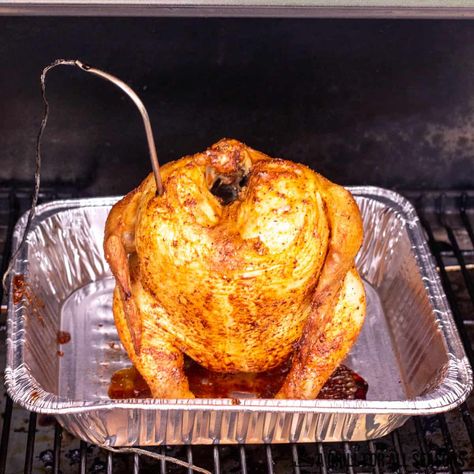 Traeger Beer Can Chicken is a simple way to cook chicken on the grill perfectly every time. Easy seasonings paired with your favorite beer! Whole Chicken On Pellet Smoker, Pellet Grill Beer Can Chicken, Beer But Chicken On The Grill, Beer Can Chicken On The Grill Traeger, Traeger Beer Can Chicken, Beer Can Chicken In Smoker, Beer Can Chicken On The Grill, Traeger Grill Recipes Chicken, Pellet Grill Chicken