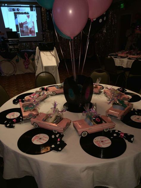 80th Birthday 50's theme sock hop | CatchMyParty.com Retro 50th Birthday Party, 80th Theme Party Ideas, Retro Bday Party Ideas, 75 Birthday Theme Party Ideas, Retro Table Centerpieces, Sock Hop Birthday Party, Sock Hop Party Decorations, 50 Theme Party Ideas, 80th Birthday Theme Ideas