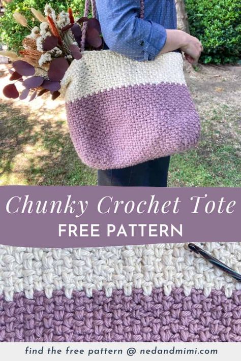 Chunky Crochet Bag Pattern Free, Crochet Bag Pattern Free Easy, Crochet Tote Bags Free Patterns, Easy Crochet Tote Bag, Crochet Totes, Crochet Tote Bag Pattern, Bulky Yarn Crochet, Yarn Tote, Crochet Tote Pattern