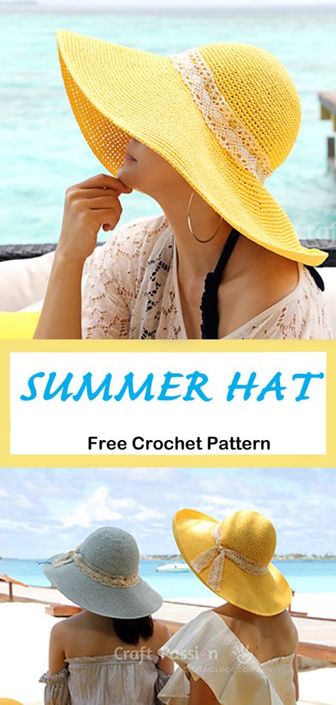 Sunhat Pattern, Summer Crochet Patterns Free, Crochet Hat With Brim, Crochet Summer Hats, Crochet Sun Hat, Hat Crochet Pattern, Crochet Hat Free, Bonnet Crochet, Vogue Knitting