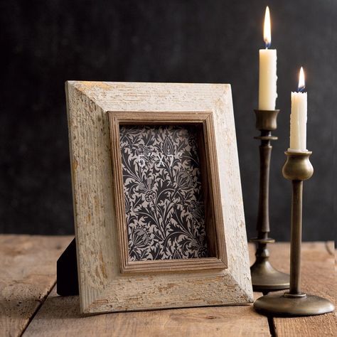 "Our vintage style wooden picture frame provides a elegance to family photos while, adding a decorative accent to your space. This farmhouse picture frame holds a 5\"x7\" photo and features a aged appearance with a raised wooden center adding depth and dimension to your display. *Our Set of Brass Finished Tapered Candle Holders Sold Separately *Color- Natural Wood, Creamy White, Soft Gray and Gold Accents Absolutely Stunning! *Made of Wood and Glass *Frame has a Stand on the Back *Dimensions inc Wooden Photo Frame Ideas, Barnwood Art, Upcycle Frames, Farmhouse Picture Frames, Farmhouse Pictures, 5x7 Picture Frames, Slip Covers, Frame Ideas, Magnolia Market