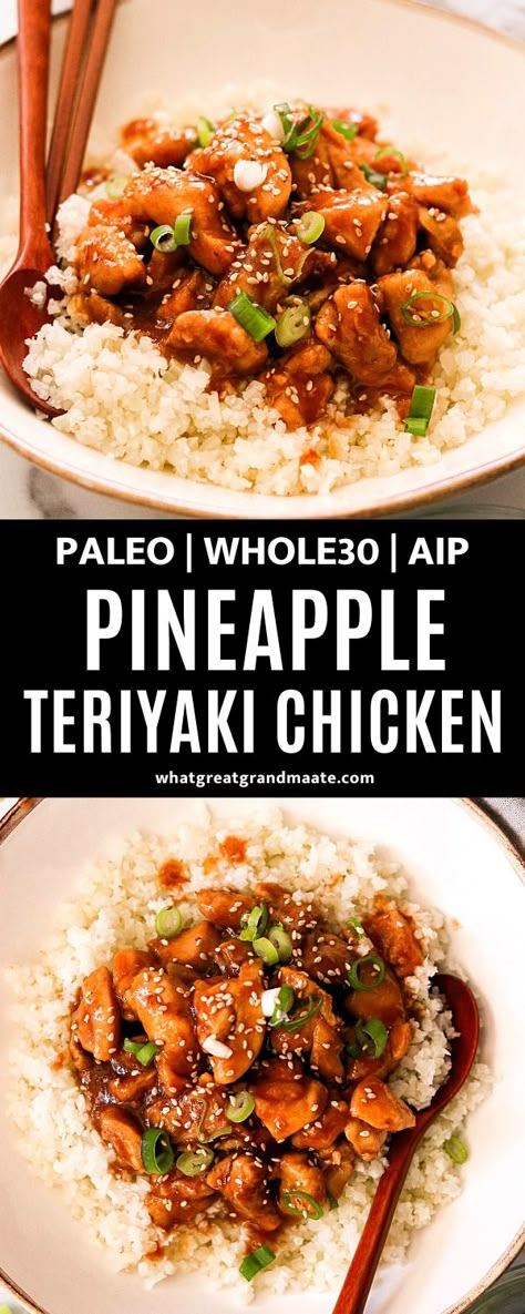 This Whole30 pineapple teriyaki chicken recipe is a quick and healthy weeknight meal, only sweetened with pineapple that's blended in the addicting sauce. It comes together in 15 minutes and you'll never get takeout again! #whole30 #paleo #glutenfree #teriyakisauce #sugarfree #aip #grainfree #chickendinner #weeknightmeal #autoimmuneprotocol #quickrecipe Whole30 Fried Chicken, Pineapple Chicken Teriyaki, Pineapple Teriyaki Chicken, Autoimmune Diet Recipes, Aip Recipe, Pineapple Teriyaki, Aip Diet Recipes, Teriyaki Chicken Recipe, Autoimmune Recipes