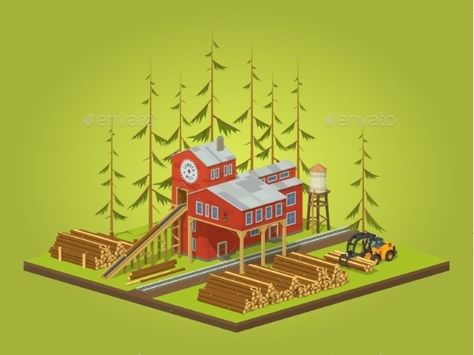 Lumber mill. Sawmill building. 3D lowpoly isometric vector concept illustration suitable for advertising and promotion Lumber Mill Concept Art, Lumber Mill Minecraft, Minecraft Lumber Mill, Minecraft Sawmill, Lumber Tycoon 2, Industry Infographic, Desert City, Logging Industry, Lumber Mill