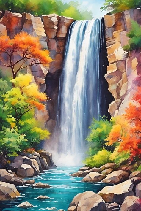 Waterfall Watercolor, Landscape Painting Watercolor, Glass Turtle, Fall Drawings, Waterfall Paintings, Watercolor Paintings Nature, Dreamy Artwork, Turtle Figurines, Making Glass