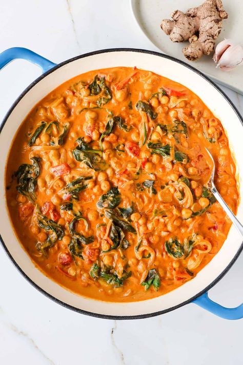 Chickpea Spinach Curry – Goodness Avenue Spinach Chickpea Curry, Vegan Curry Chickpeas, Chickpea Spinach Curry, Chickpea And Spinach, Chickpea Spinach, Chickpea And Spinach Curry, Vegan Chickpea Curry, Chickpea Curry Recipe, Lentil Dahl