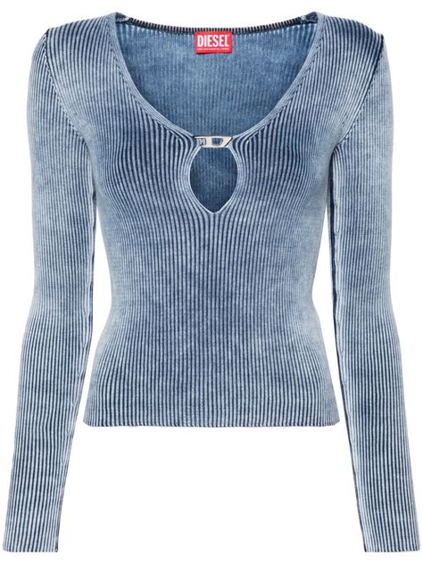 indigo blue stretch-cotton ribbed knit acid wash marbled effect silver-tone Oval D logo plaque keyhole detail to the front scoop neck long sleeves straight hem Diesel Women, Italian Chic, Diesel Clothing, D Logo, Italian Outfits, Ribbed Knit Top, Denim Branding, Dolce E Gabbana, Indigo Blue