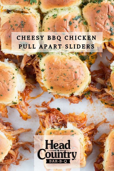 Cheesy Barbecue Chicken, Pull Apart Chicken Sliders, Bbq Shredded Chicken Sliders, Campfire Sliders, Pulled Chicken Sandwiches Sides, Sides For Bbq Chicken Sandwiches, Pull Apart Sandwiches, Bbq Sliders Recipes, How To Make Sliders