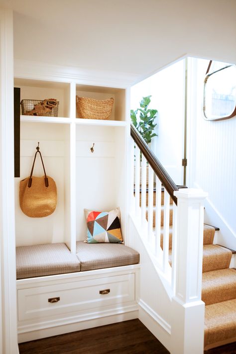 Before and After: A Raw Seattle Basement Becomes a Calming Retreat via @MyDomaine Open Basement Stairs, Built In Lockers, Mudroom Entryway, Under The Stairs, Mudroom Design, Basement Stairs, Basement Design Ideas, Entryway Storage, Basement Bedrooms