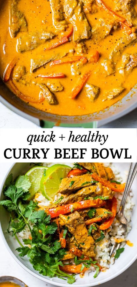 You’re going to love this healthy, Whole30-compliant Curry Beef Bowl. It’s made with cauliflower rice, then topped with red peppers and red curry-marinated beef, and it comes together in under 30 minutes! Beef Red Curry, Healthy Curry, Budget Dinners, Curry Beef, Beef Bowl, Curry Bowl, Beef Bowls, Healthy Beef, Coconut Milk Recipes